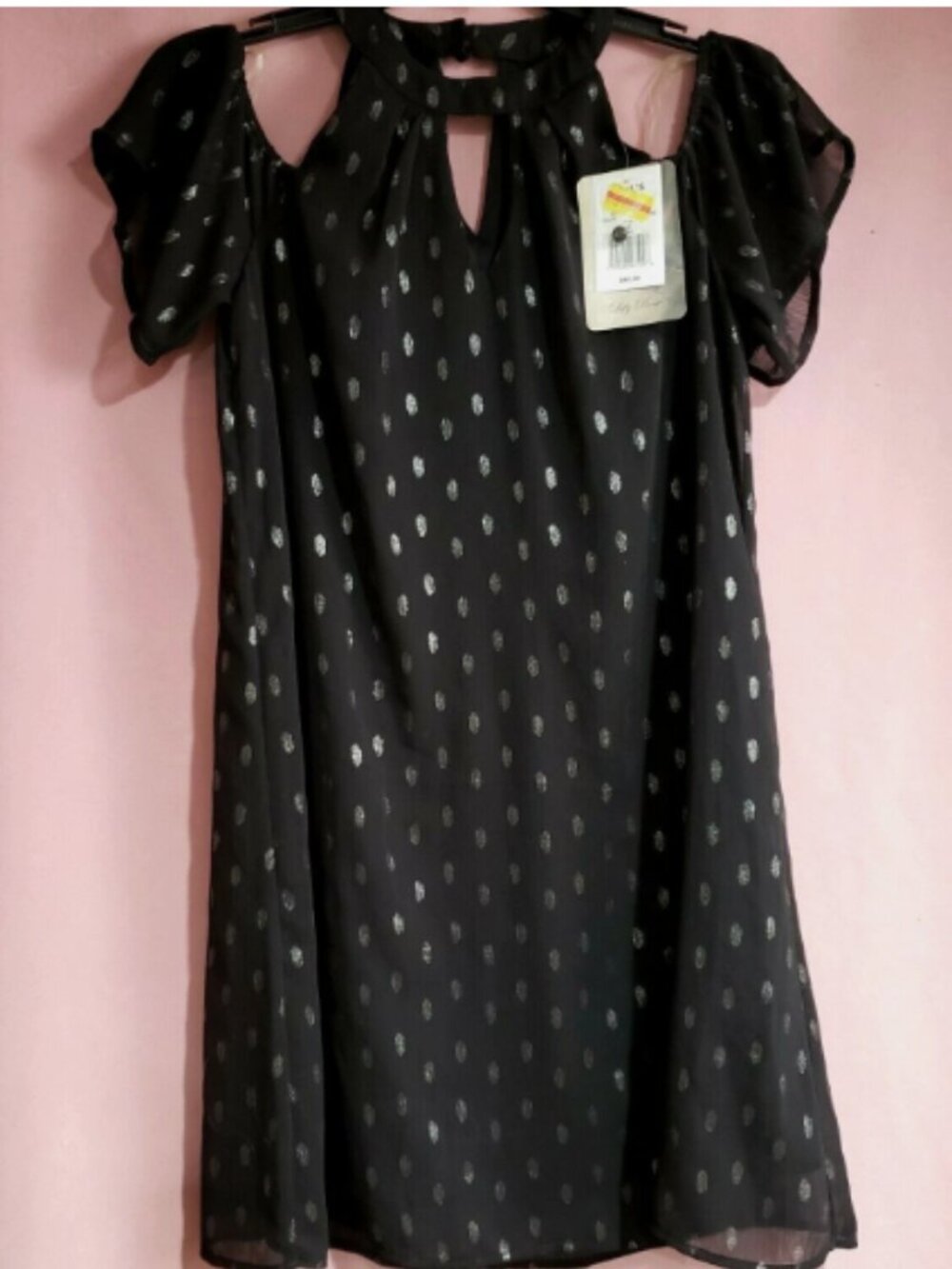 Lily Rose Junior's Black Lined Semi-Sheer Mini Dress Band Neck Cold Shoulder XS